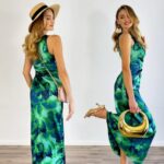 Woman wearing a blue green maxi dress