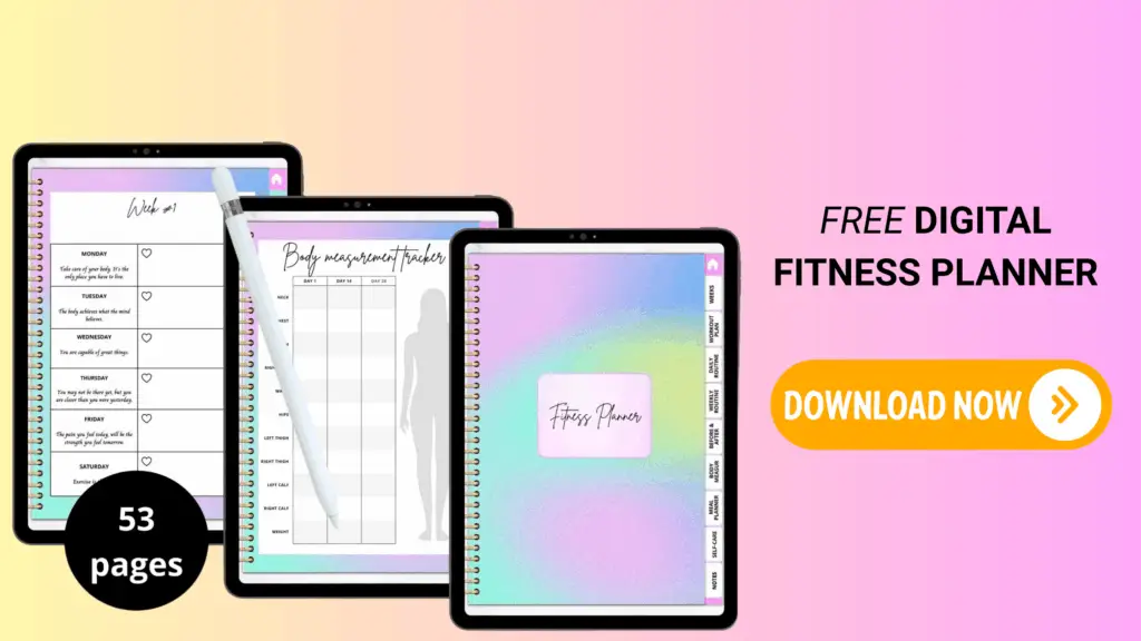 Multicolor digital fitness planner with pastel sections for workouts, meals, and daily health tracking. Free download.